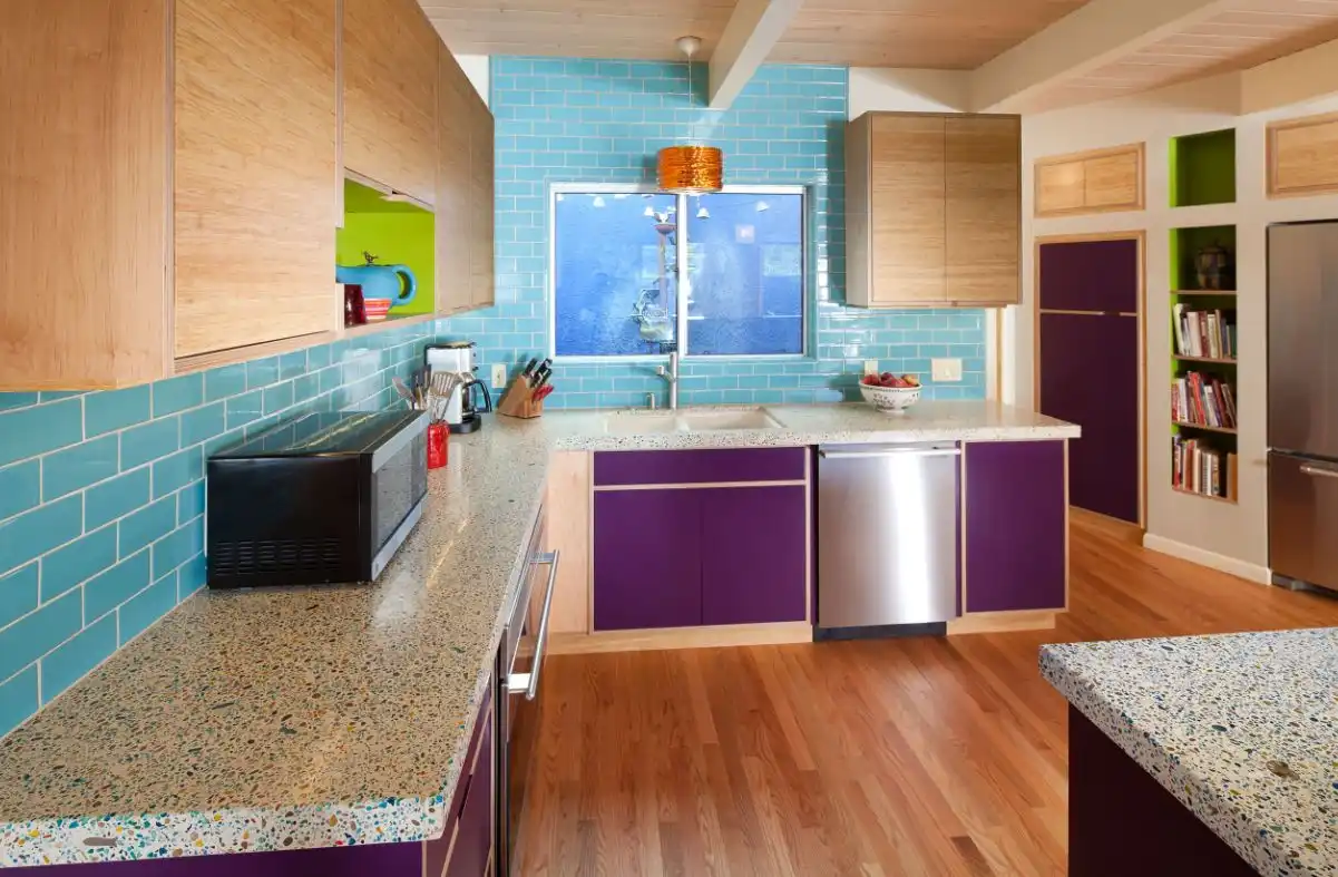 Colorful kitchen layout with purple and turquoise