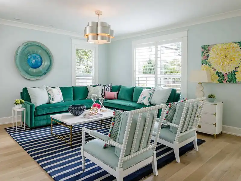 Colorful living room with turquoise l shaped sofa