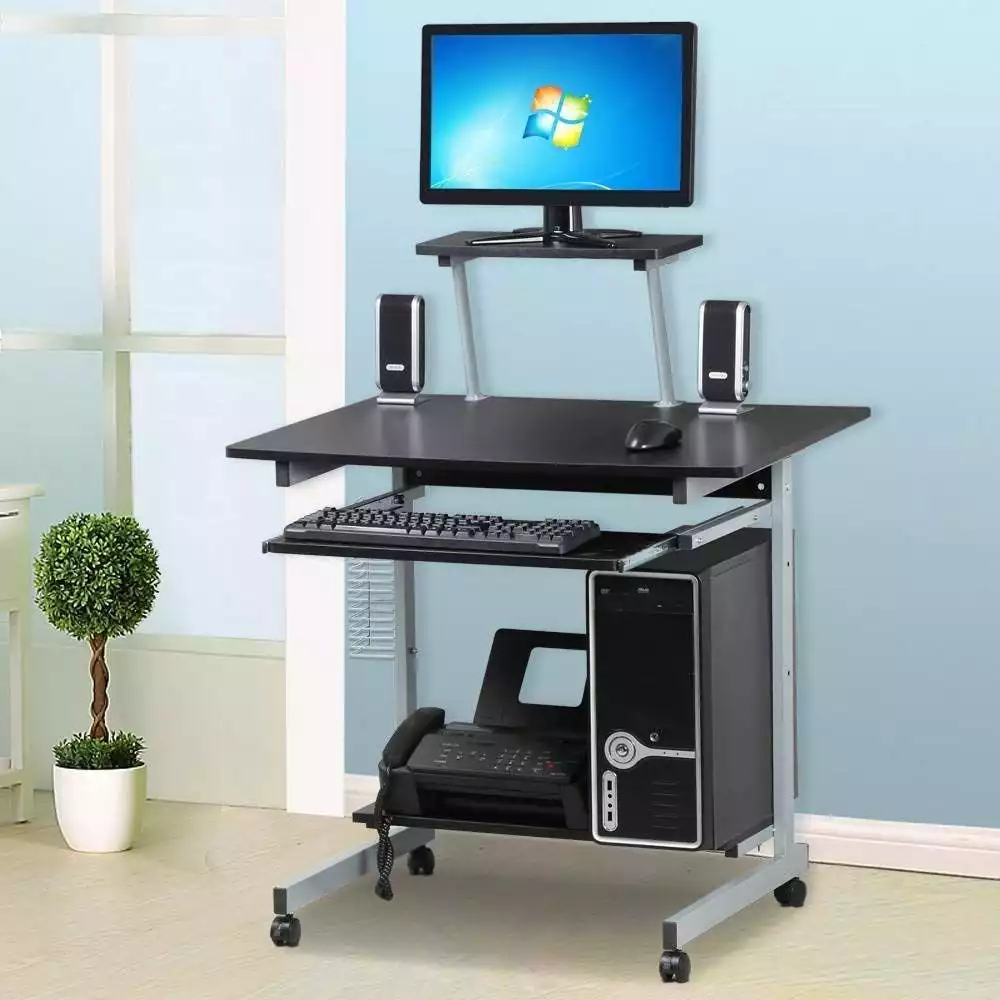 Computer desk with printer storage and keyboard