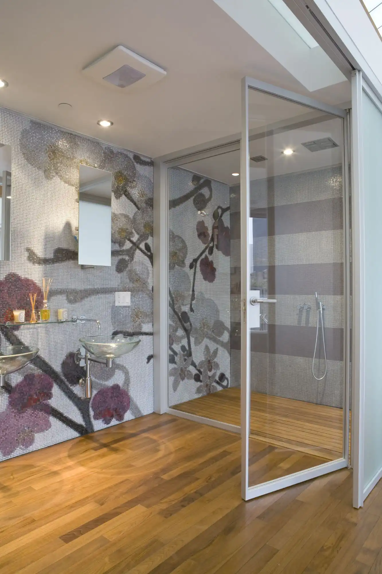 Contemporary bathroom wood tile floor