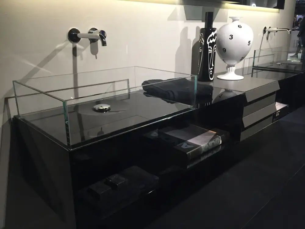Contemporary black bathroom vanity with glass wash basin