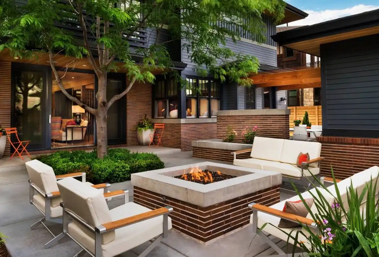 Contemporary brick fire pit and concrete stone