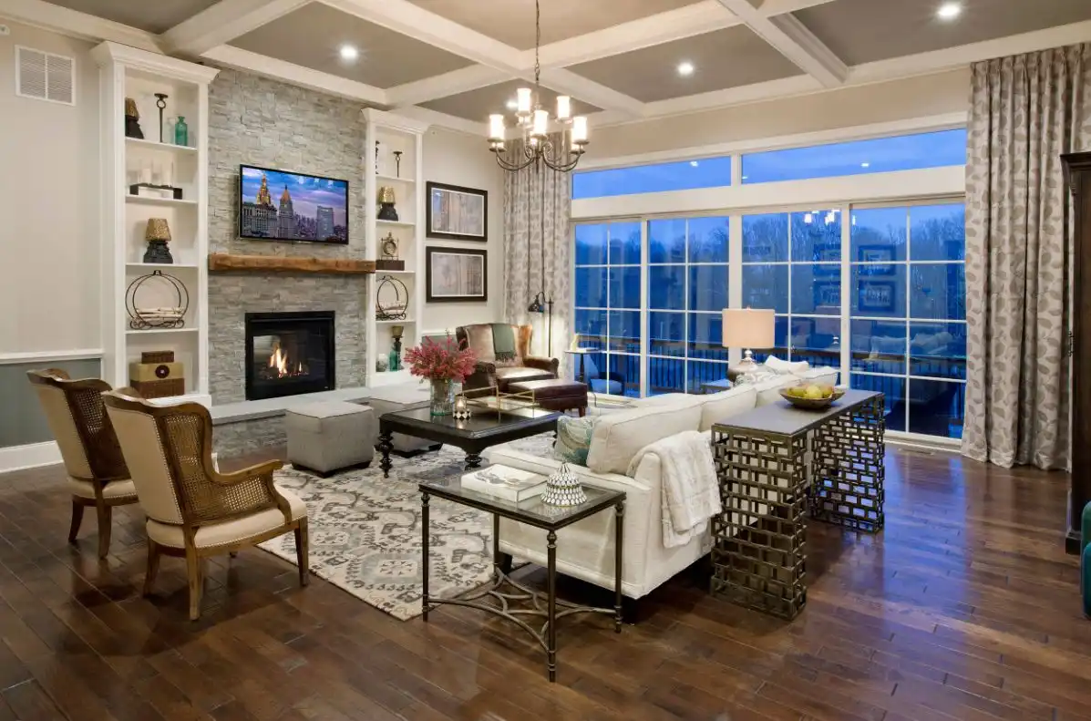 Contemporary table behind sofa and hardwood floor