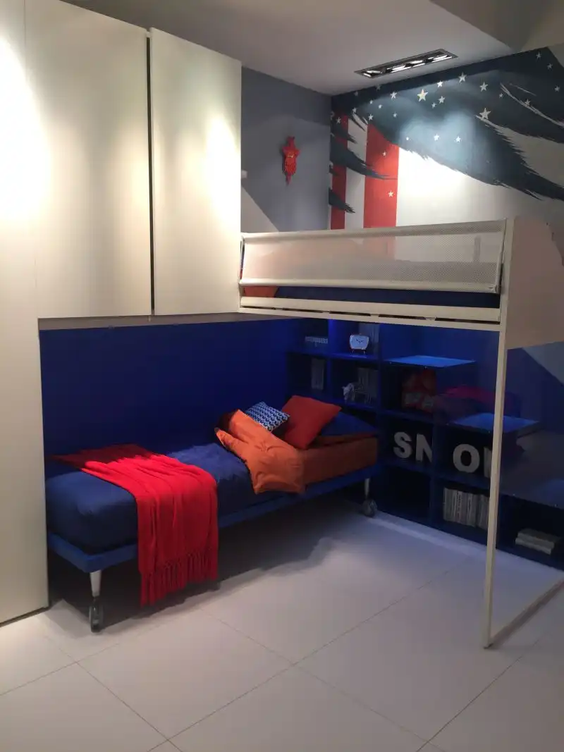 Corner blue bunk beds with stairs storage