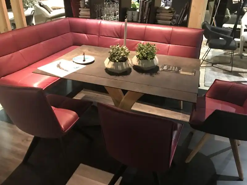 Corner red leather bench for dining area