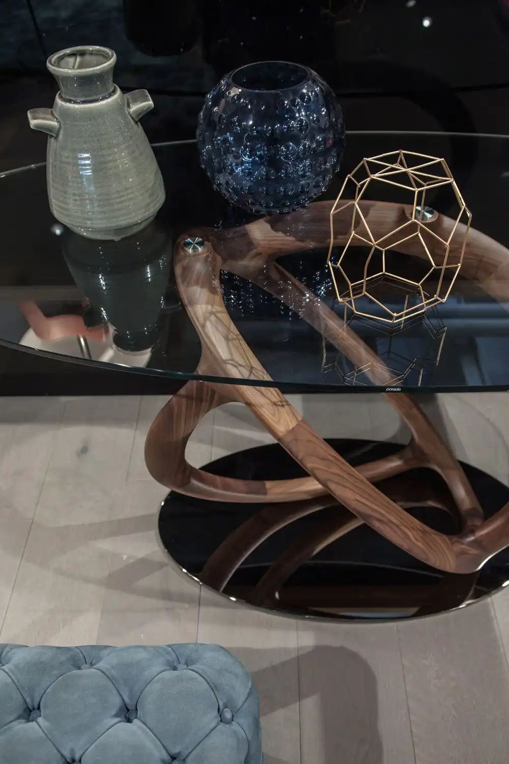 Cosmo console with glass top and walnut base