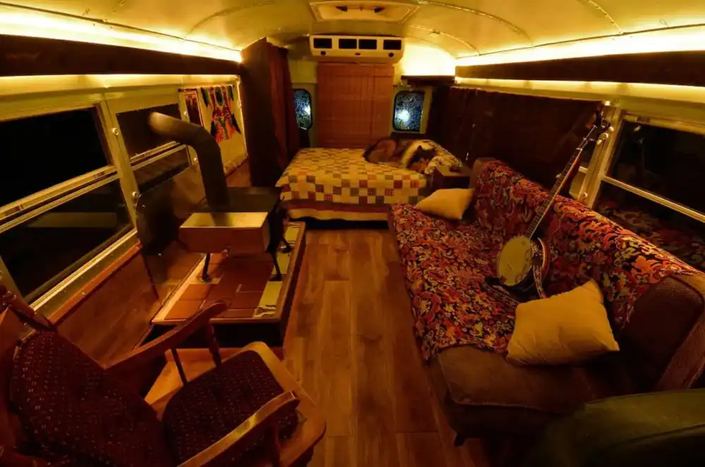 Cozy School Bus Conversion interior