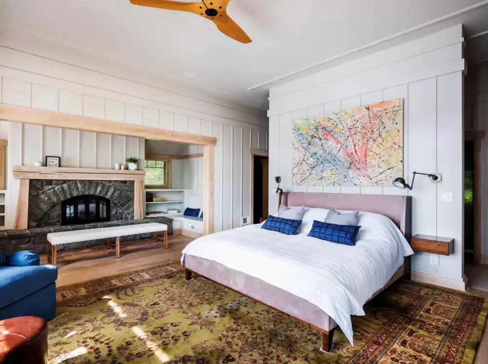Crafts camp house on Lake George bedroom with fireplace