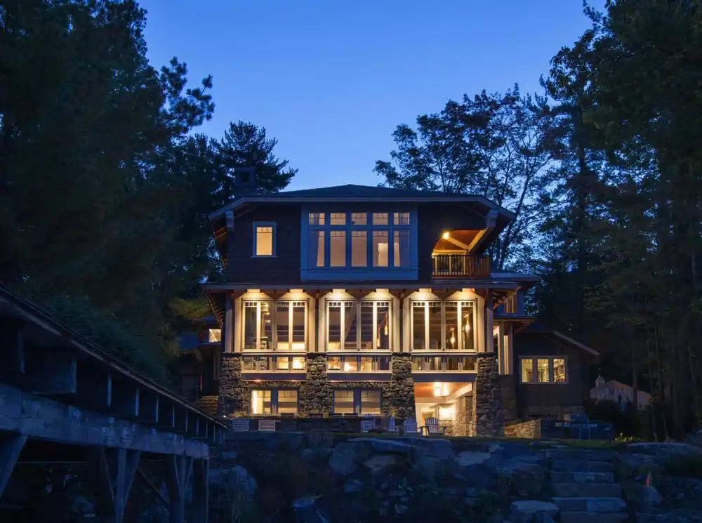 Crafts camp house on Lake George by night lights