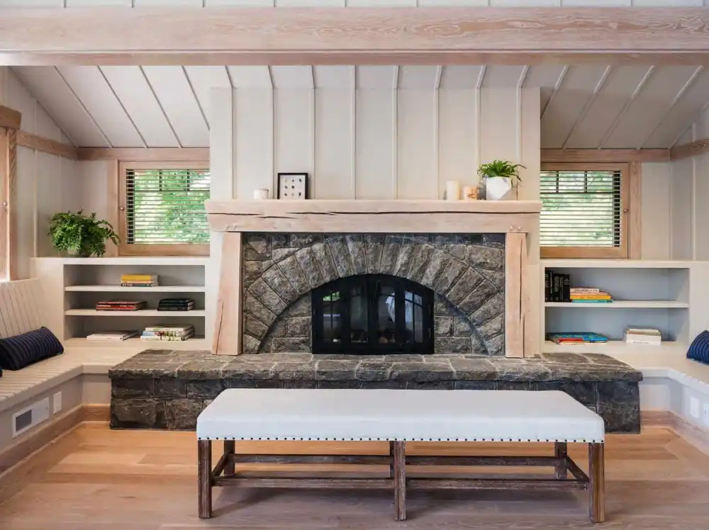 Crafts camp house on Lake George rustic fireplace