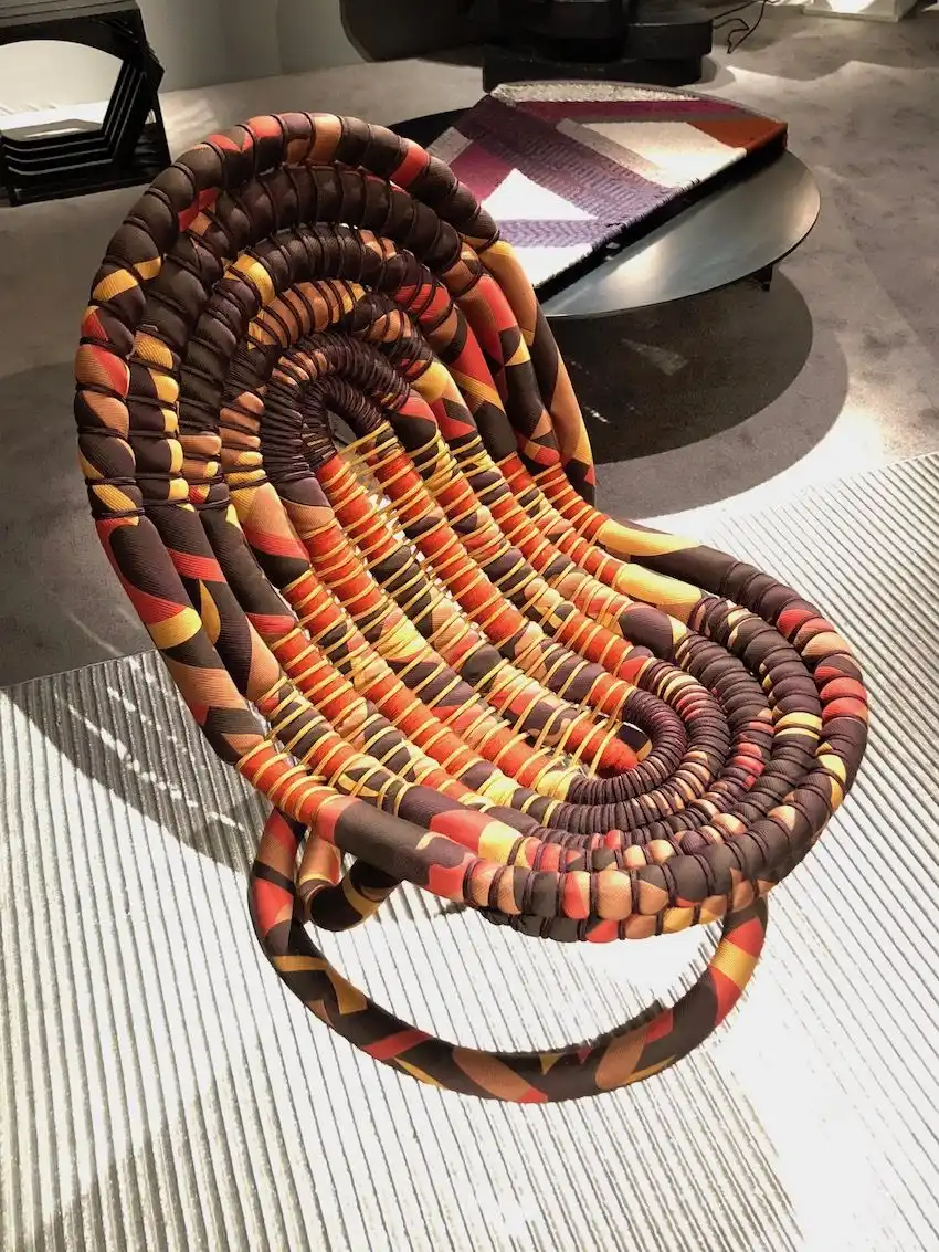 Her new methods of weaving have yielded interesting pieces of furniture.