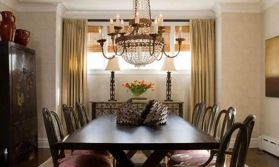 Crystal beaded chandelier over dining table