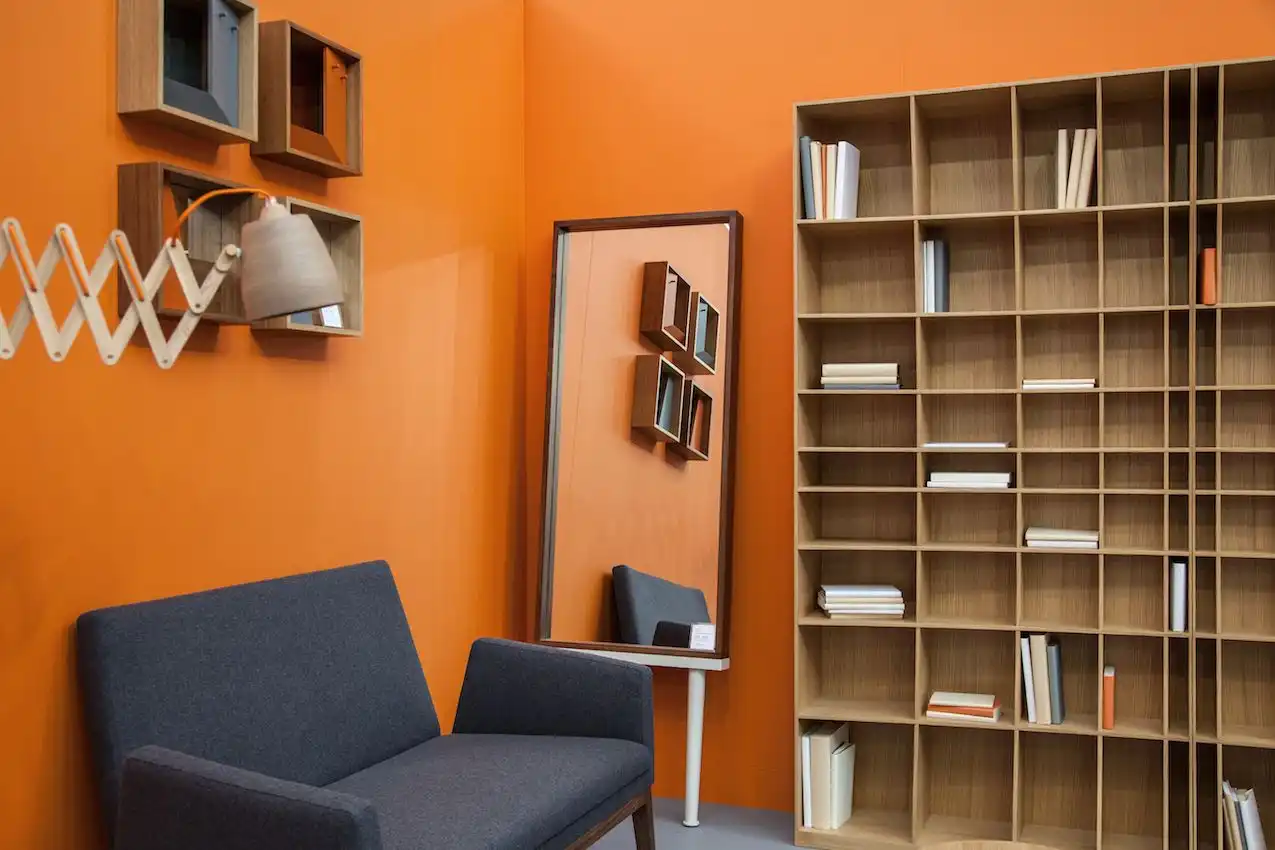 Curved bookcase angle view
