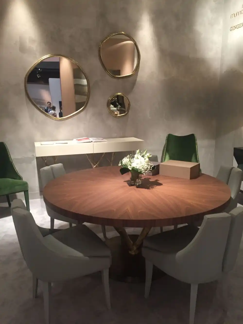 Curved round decorative mirrors on the wall