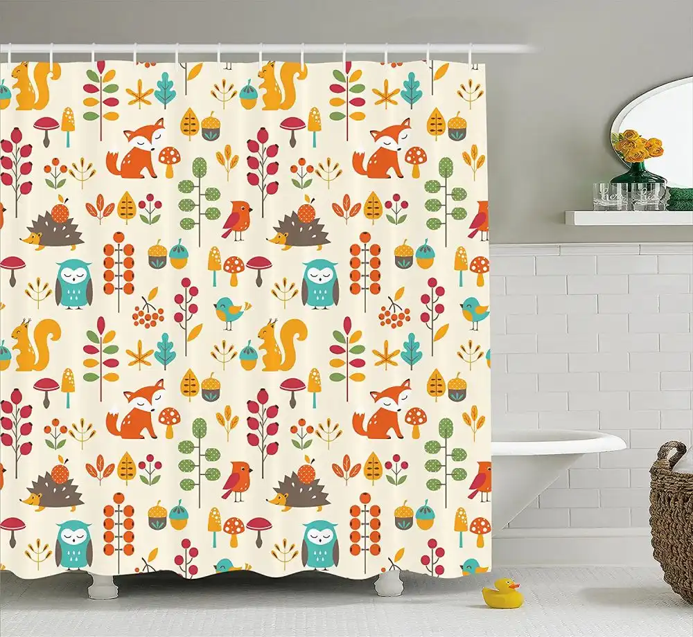 Cute Kids Autumn Pattern with Owl Fox Squirrel Birds shower curtain