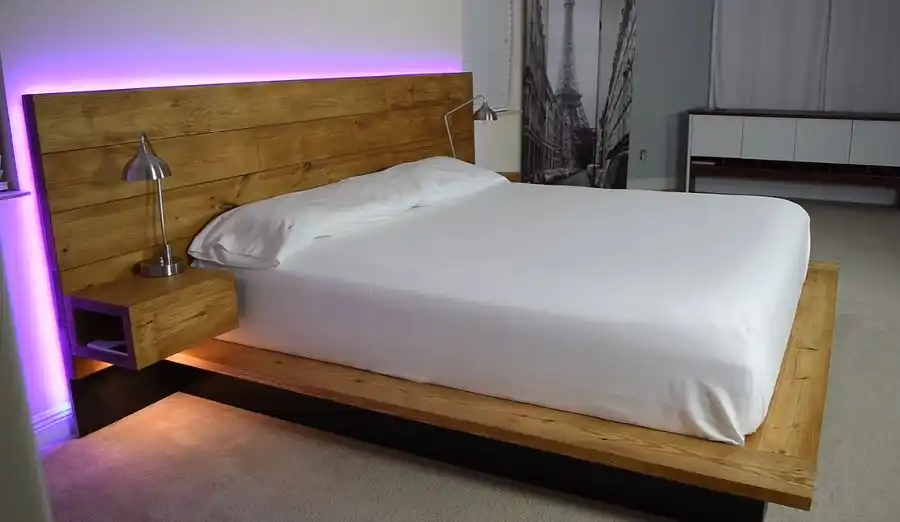 Wood platform bed with headboard and LED lights