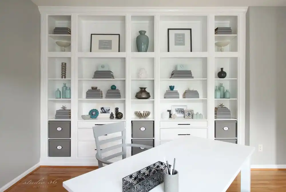 DIY built in shelves office moulding