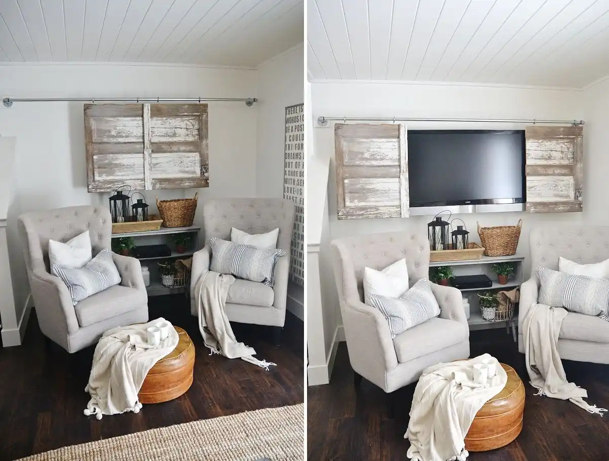 DIY industrial barn door with pipes to hide a tv