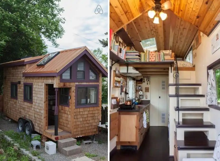 The bright and light home tiny cottage features light-colored wood, which enhances the atmosphere.