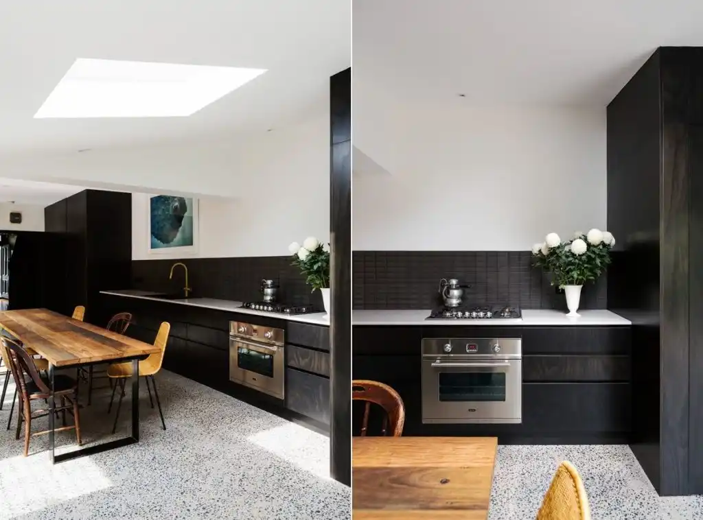 Dark kitchen decor with wood table and terrazzo floor 1024x758