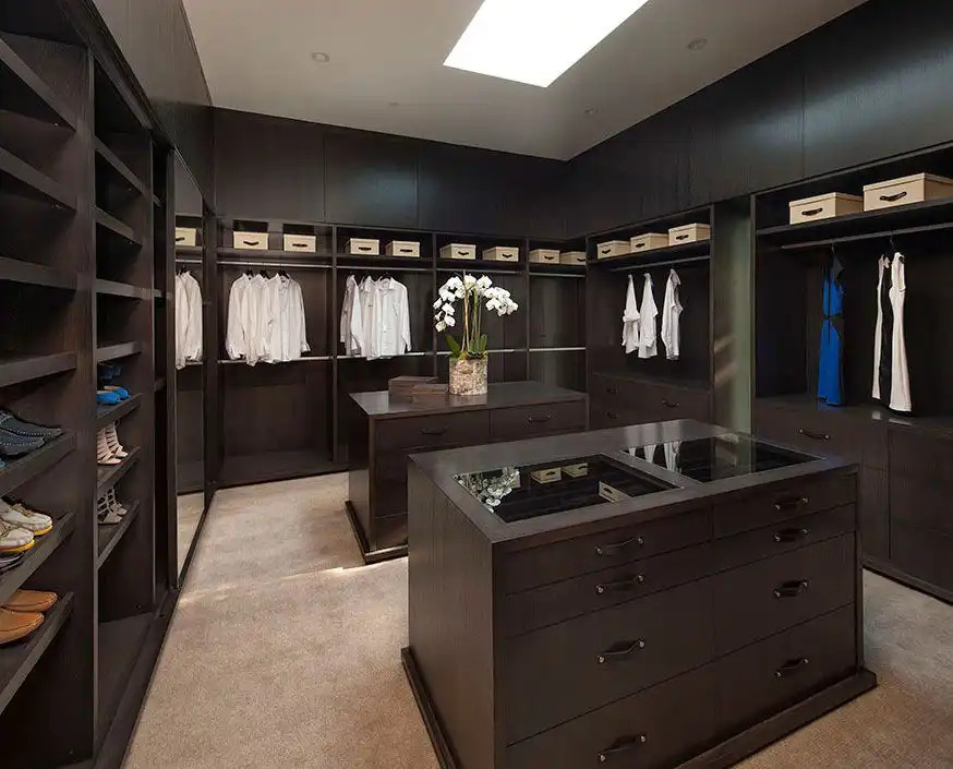 Dark wood walk in closet design with carpet