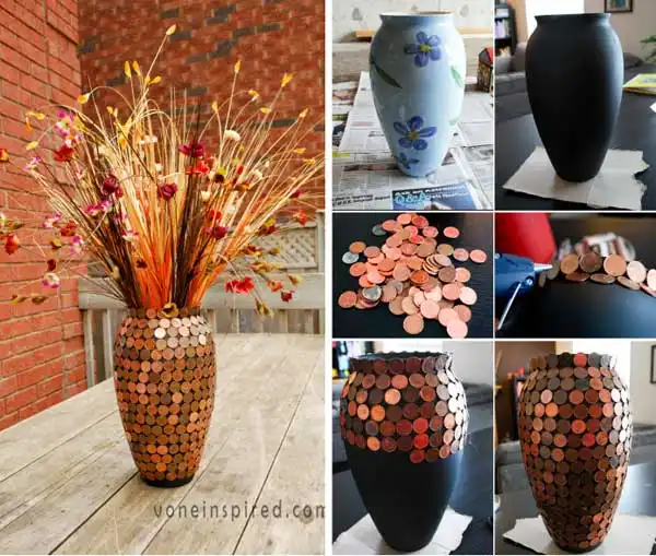 Decorate a flower vase with pennies
