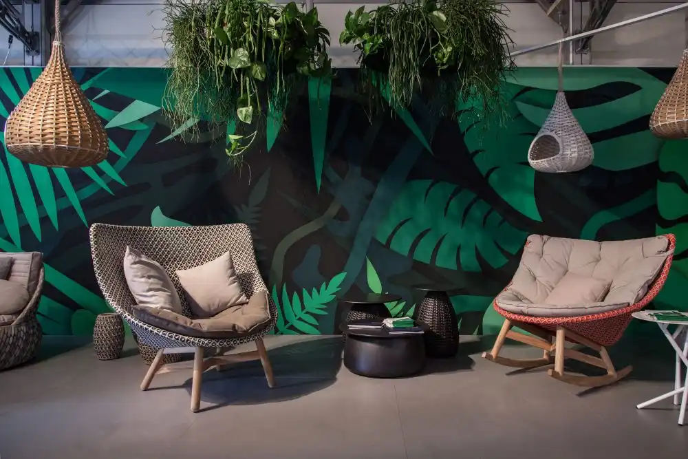Decorating an outdoor area wall with large floral leaf pattern in green