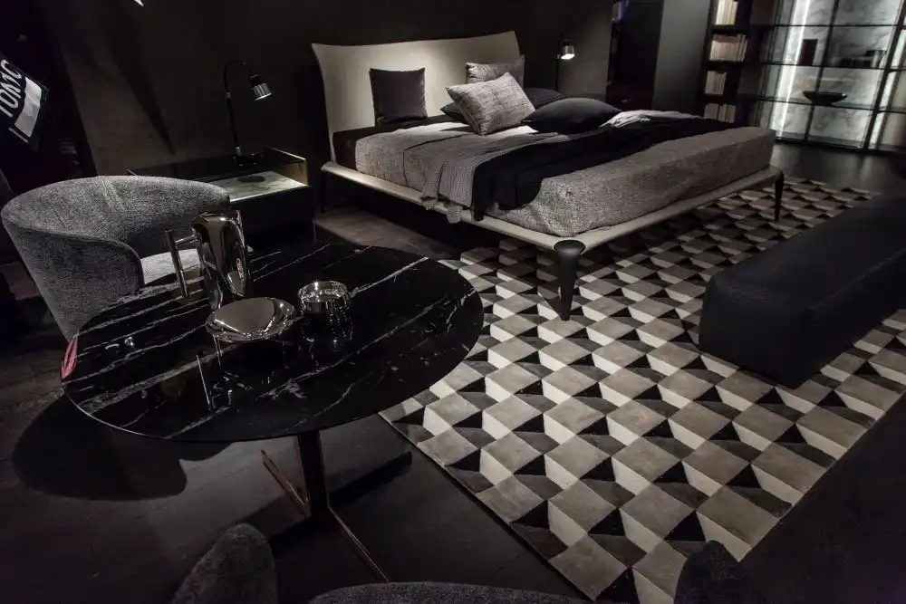Designer style bedroom interior design with black accents