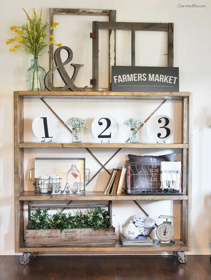 Dining room bookshelf decor on wheels