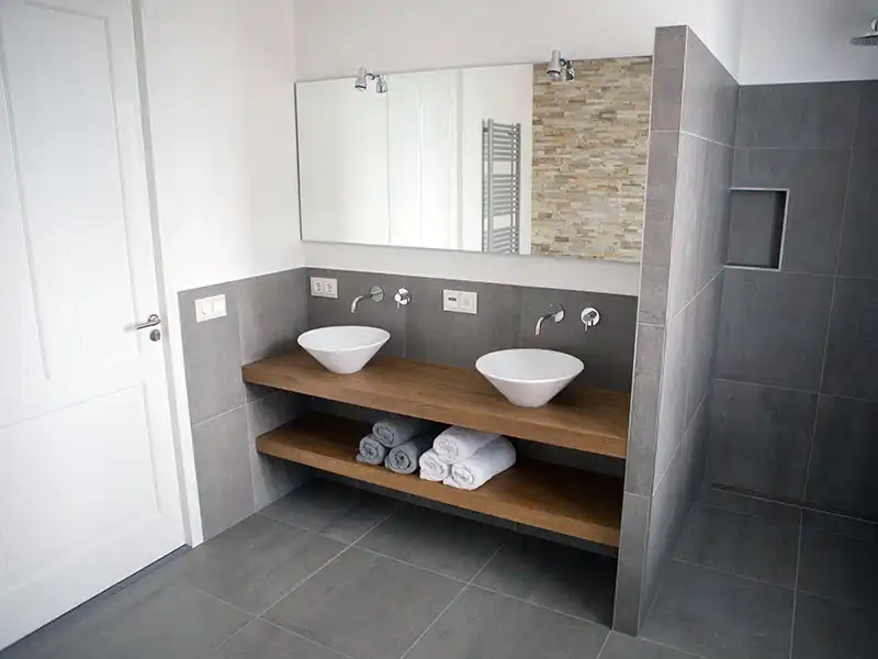 Double sink vanity with shelf under sink