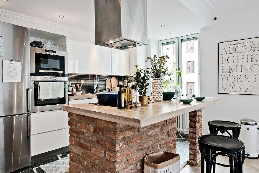 Eye-catching kitchen island with a brick base