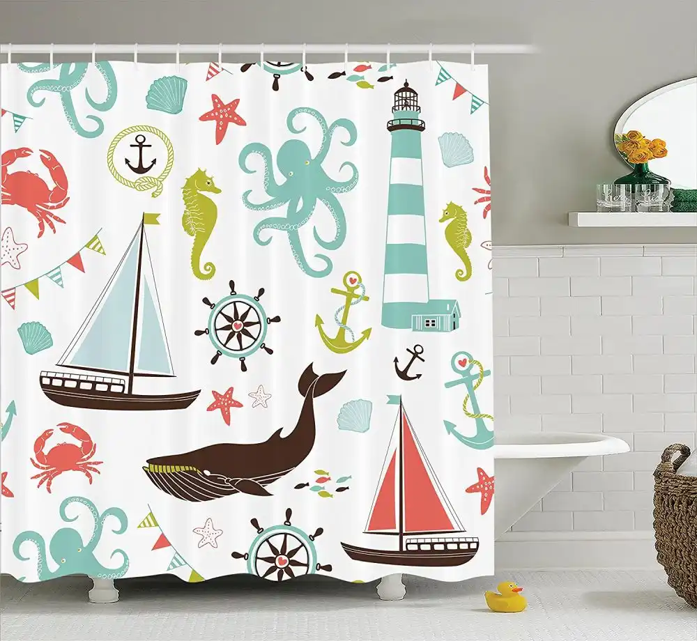 Fabric Shower Curtain by Ambesonne, Whale Shark Seahorse Sea