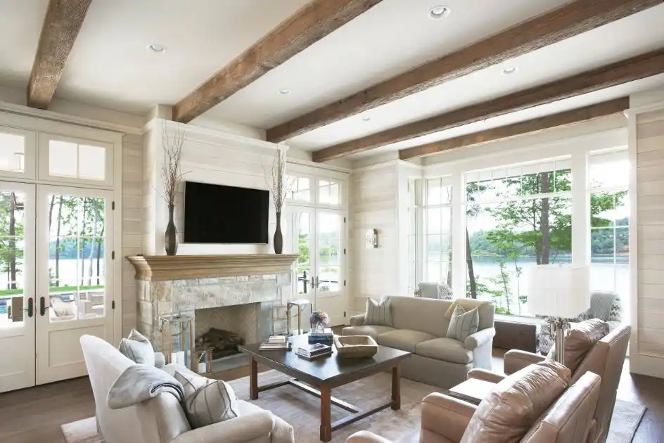 Family room wood beams ceiling