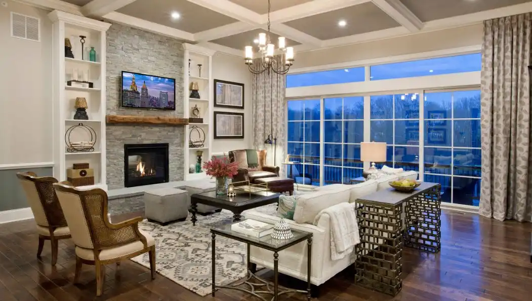 Family roomde cor with fireplace and hardwood floore