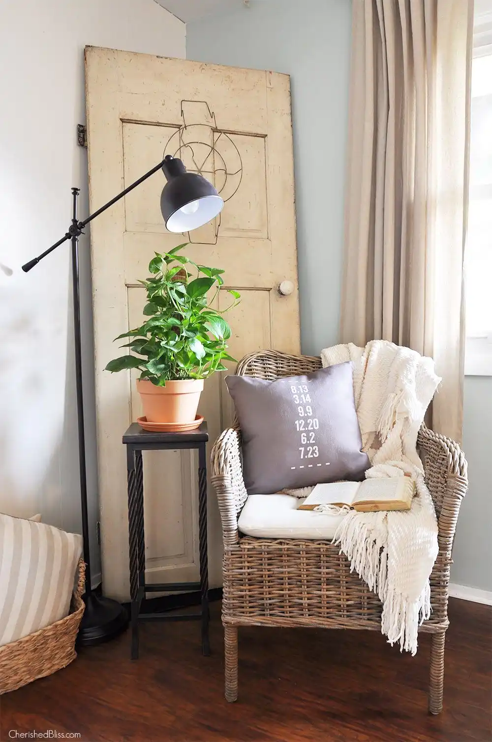 Farmhouse corner reading area with an old door behind