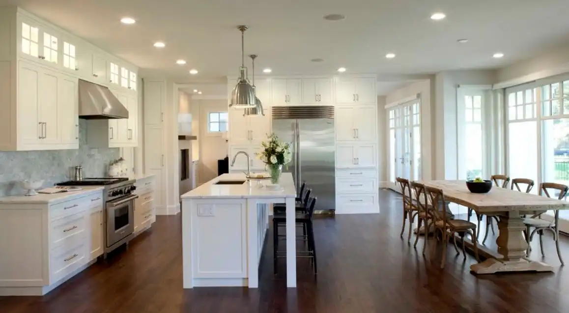 Farmhouse kitchen design with trestle table