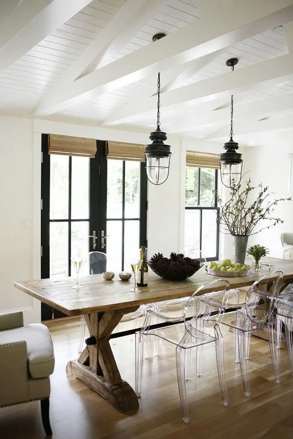 Farmhouse kitchen table x legs and ghost chairs