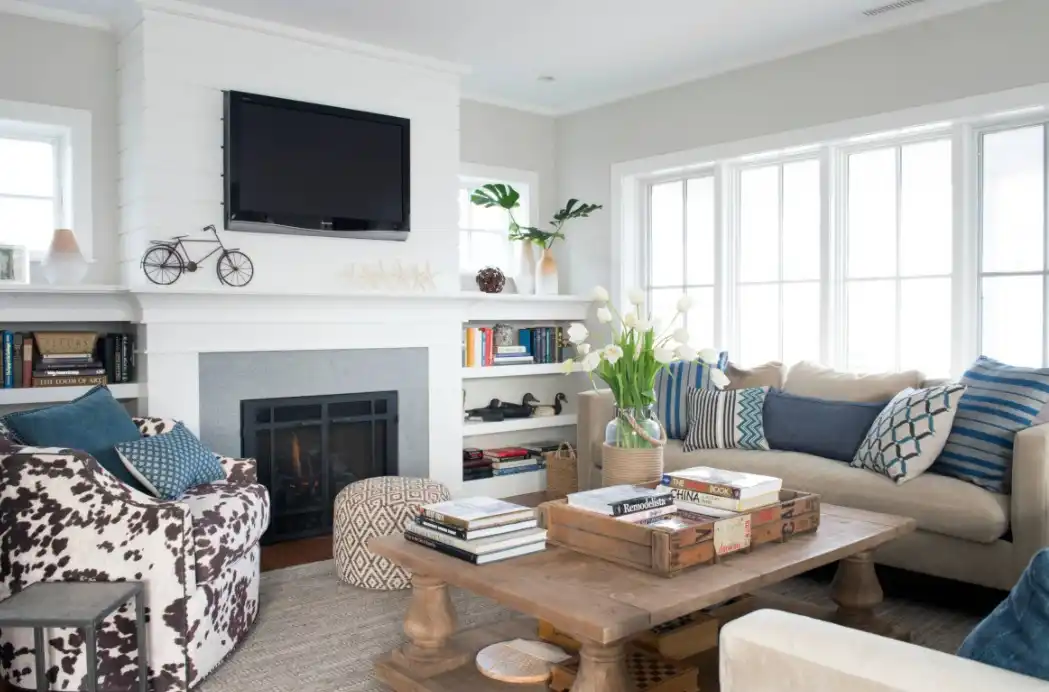 Fireplace and built in spaces for storage