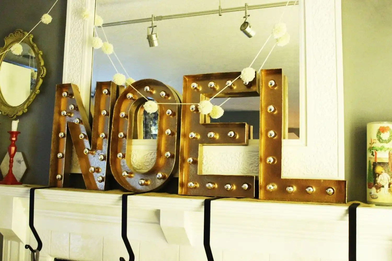 Fireplace mantel with Noel letters