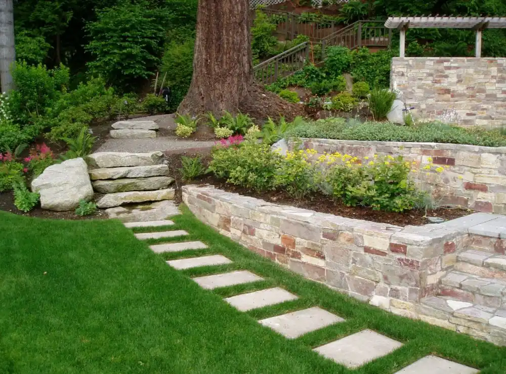 Flagstone patio with stone steps