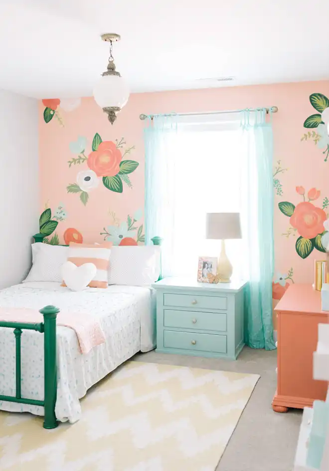 Floral teenage girl room with coral wallpaper