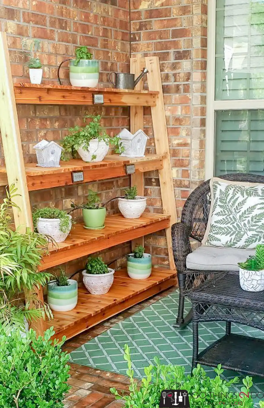 Freestanding angled wood plant shelves