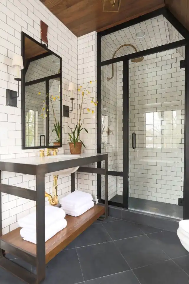 Full bath with subway tiles and back frames