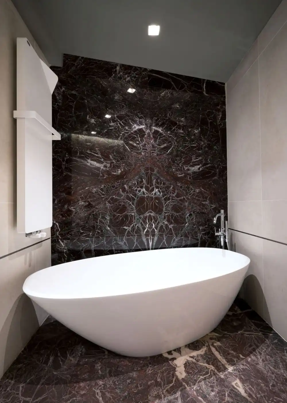 Full bathroom marble with curved freestanding tub