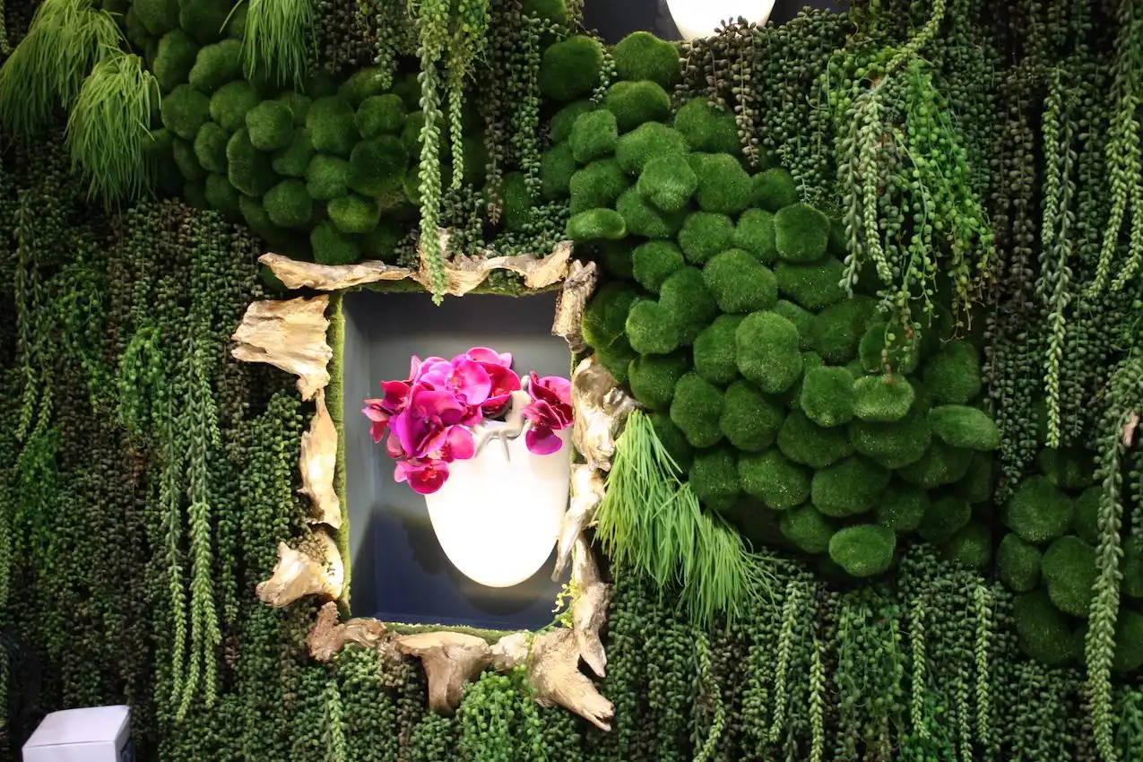 This is a wall full of life-like greenery with no maintenance required.