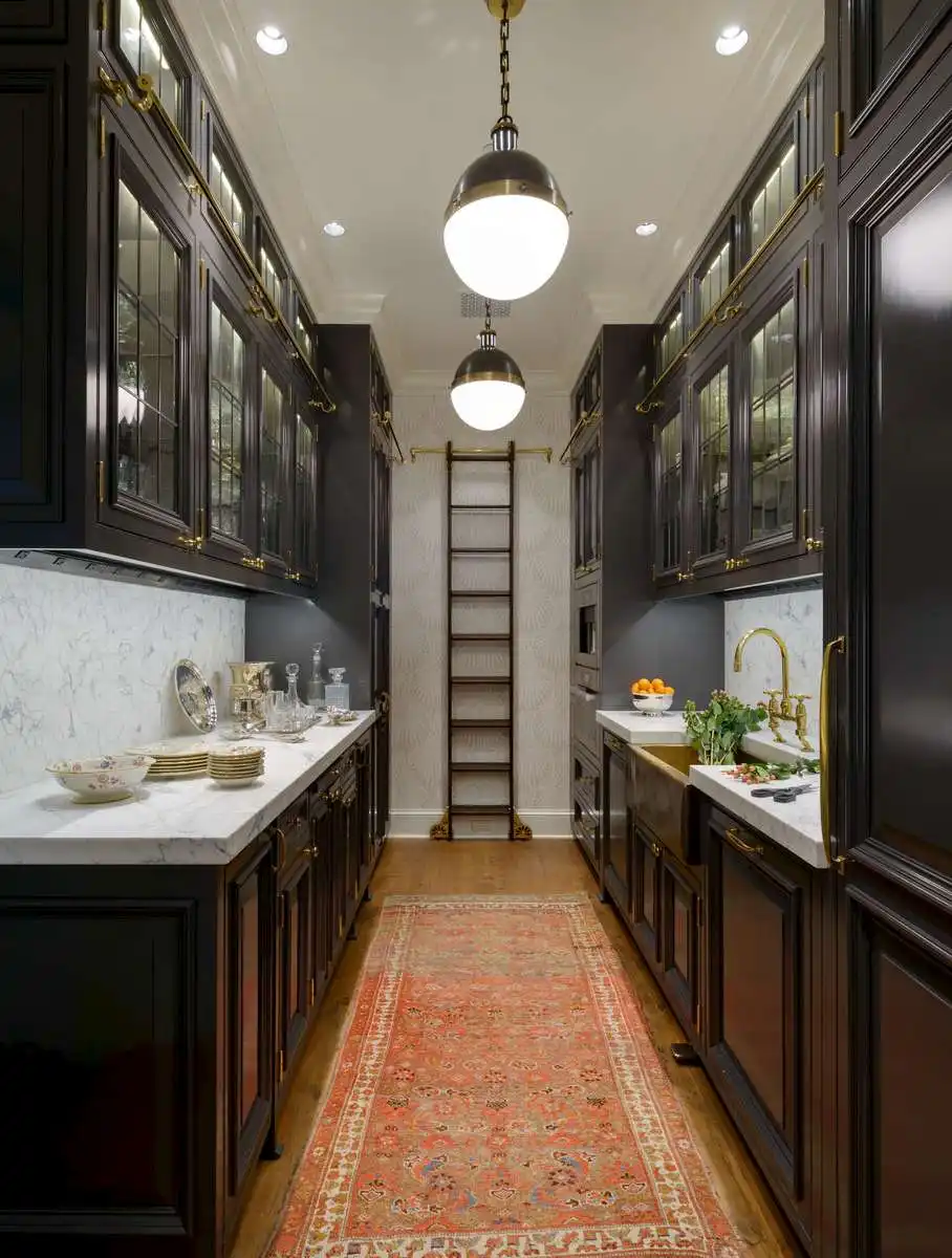 Galley kitchen black cabinets