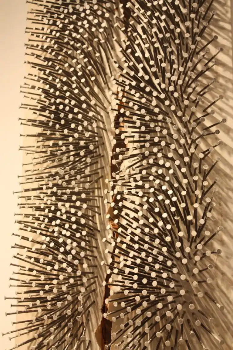 Plain nails, combined with paint and the board's fissure make for an exceptional piece.