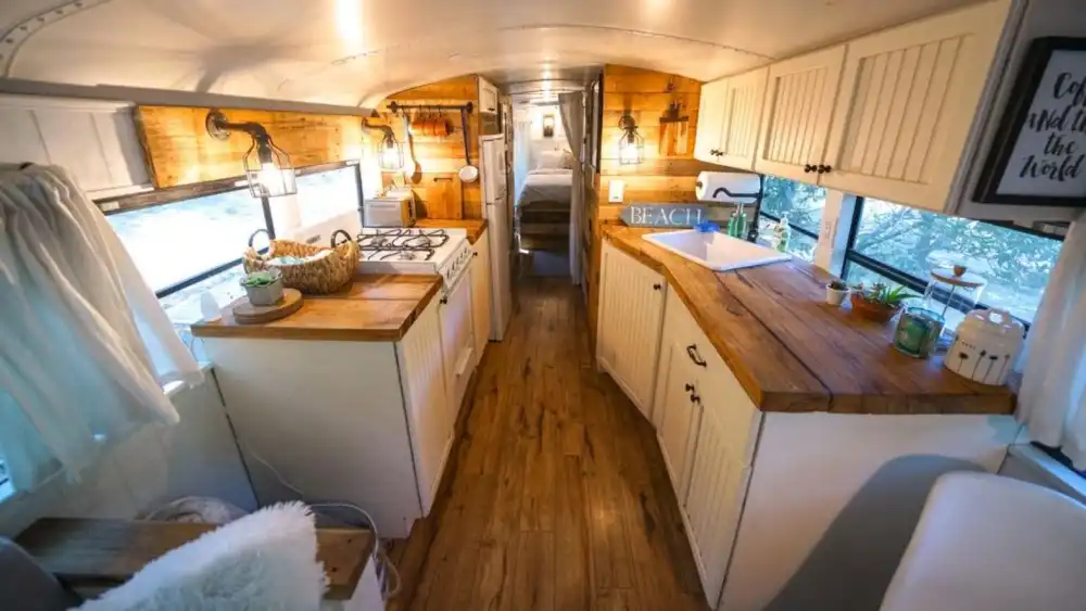 Glamping Getaway in a Converted School Bus corner kitchen