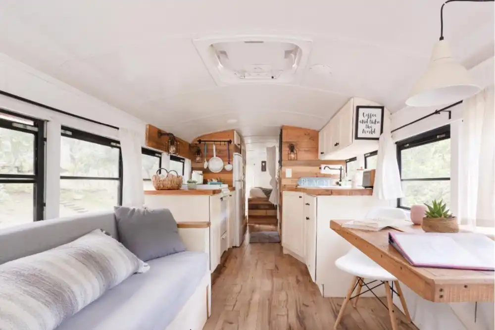 Glamping Getaway in a Converted School Bus interior