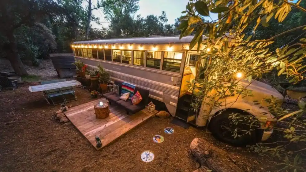 Glamping Getaway in a Converted School Bus led lights